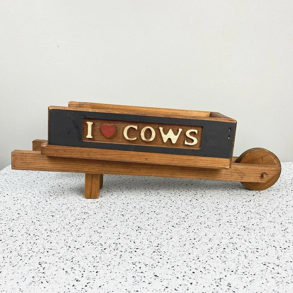 Vintage Handmade Wooden Wheelbarrow I LOVE COWS Heart Trinket Shelf Accent